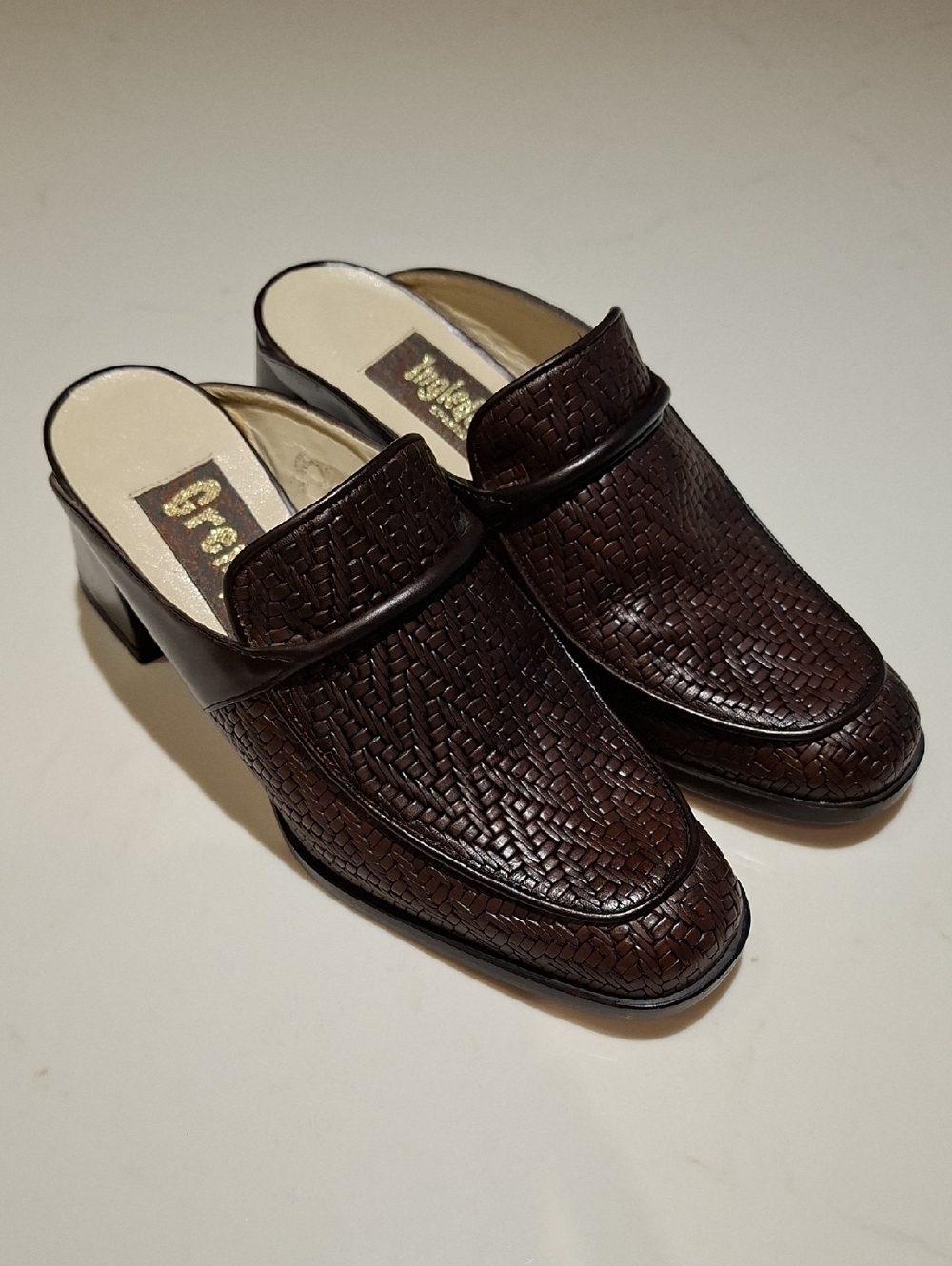 Ingledew's Chocolate Brown Woven Leather Square-toe Heeled Mules (Size 5.5)